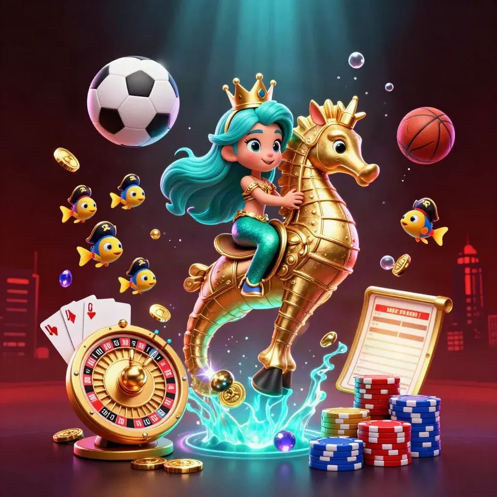Mermaid princess on a seahorse amid casino icons, sports balls, coins, and teal-purple glow.