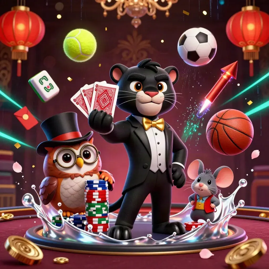Panther, owl, and mouse amid casino chips, sports balls, petals, and neon storm lights.