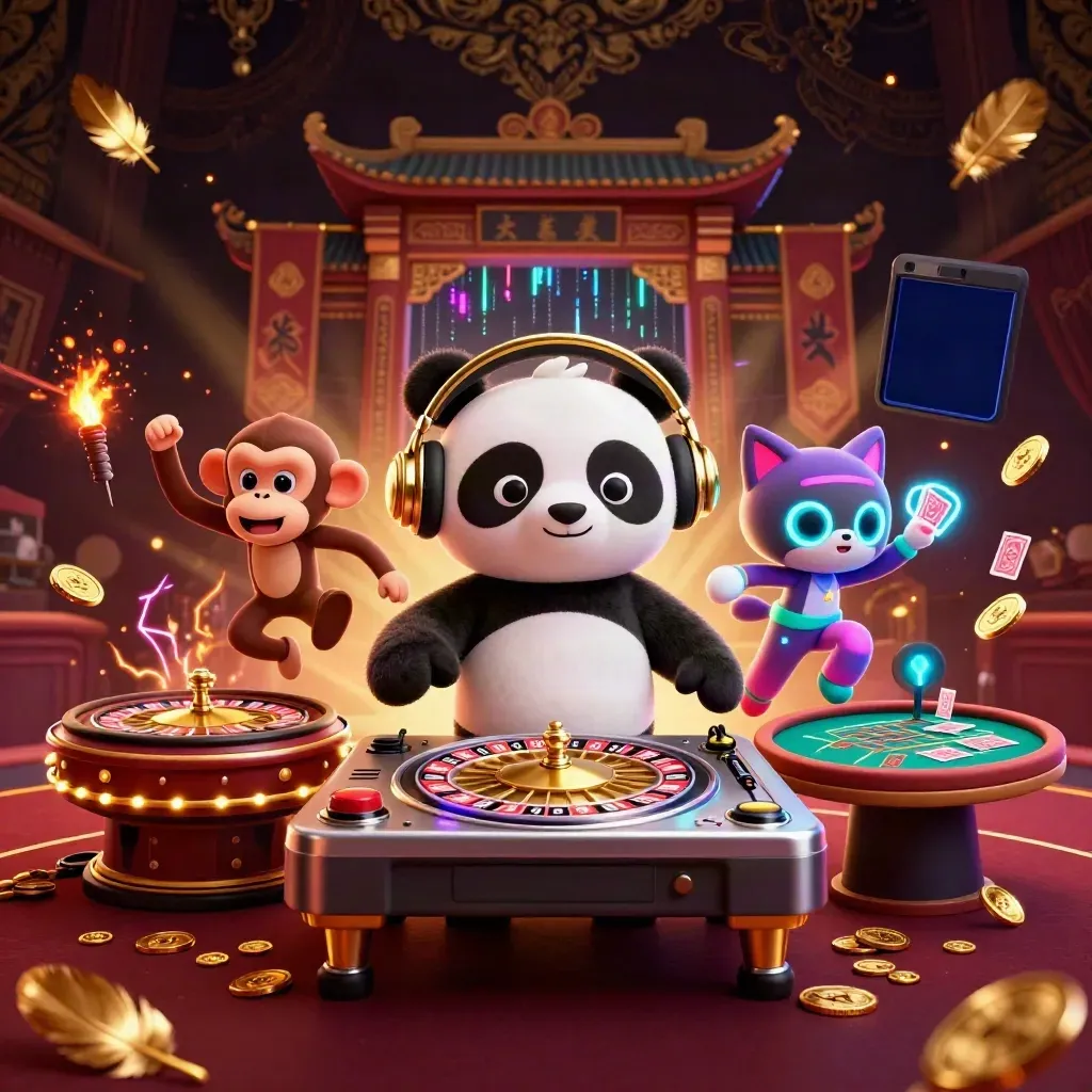 DJ panda, dancing monkey, and glow-stick kitten amid neon casino chaos and treasure.