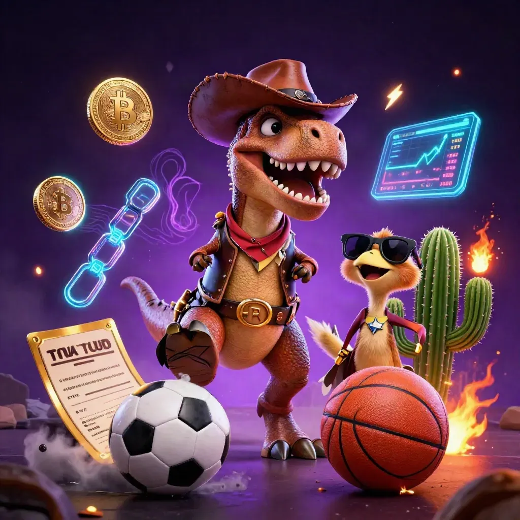 Cowboy T-Rex, cactus, and roadrunner burst around sports gear, crypto coins, and storm-lit casino effects.