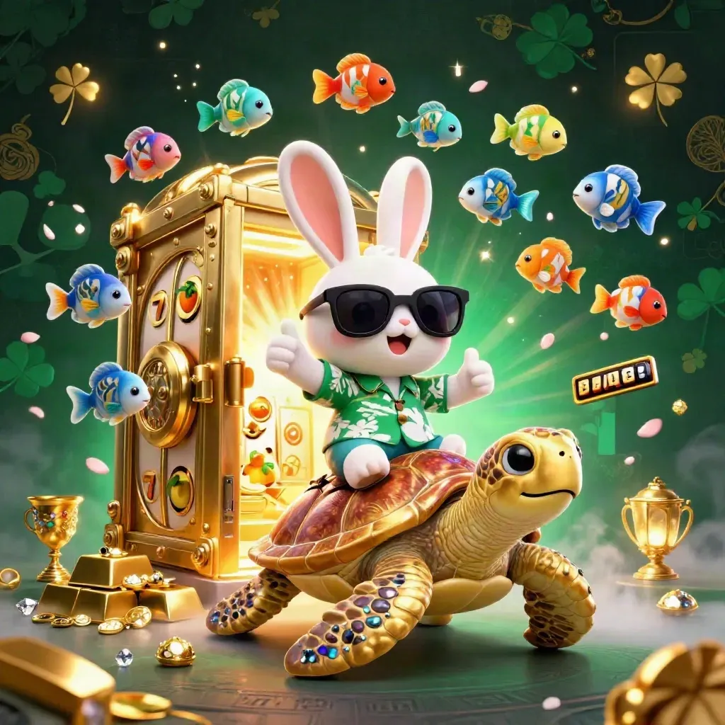 Lucky rabbit rides a golden turtle as treasure bursts from a vault in a teal casino storm.