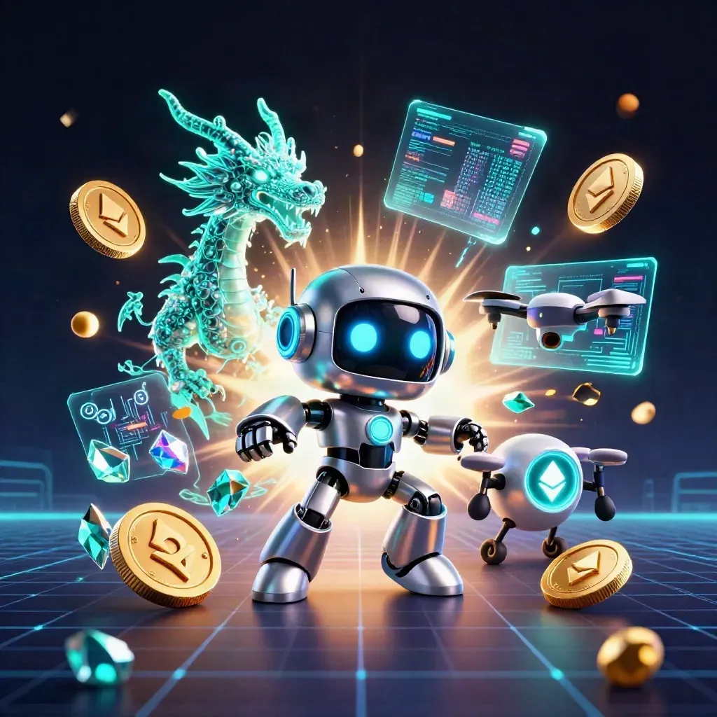 Cyberpunk robot, holographic dragon and coin drone amid teal casino lightning and gems.