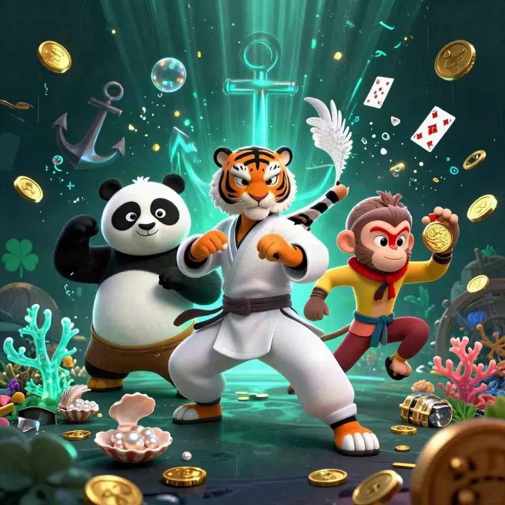 Kung-fu tiger, panda, and monkey amid sunken treasure, teal lightning, and gold coins