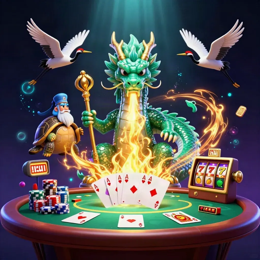 Emerald dragon, turtle sage and cranes burst around casino cards, chips and glowing slot reels.