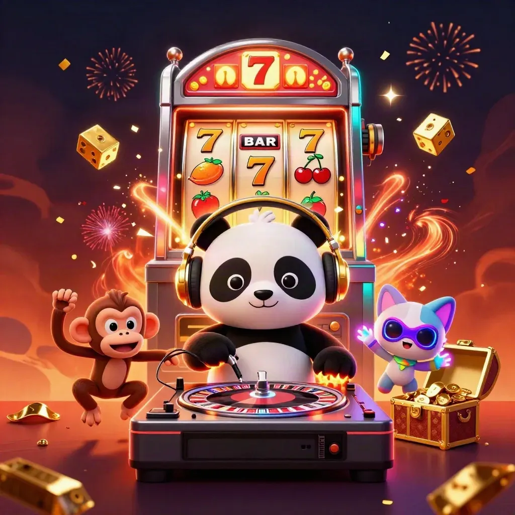 DJ panda, breakdancing monkey, and glow-stick kitten amid slots, dice, gold, and fireworks.
